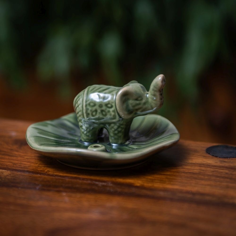 Green Ceramic Elephant Incense Holder